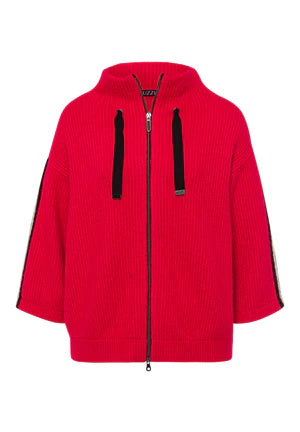 Red Knit Jacket with Black & Beige Stripe Detail on 3/4 Length Sleeves
