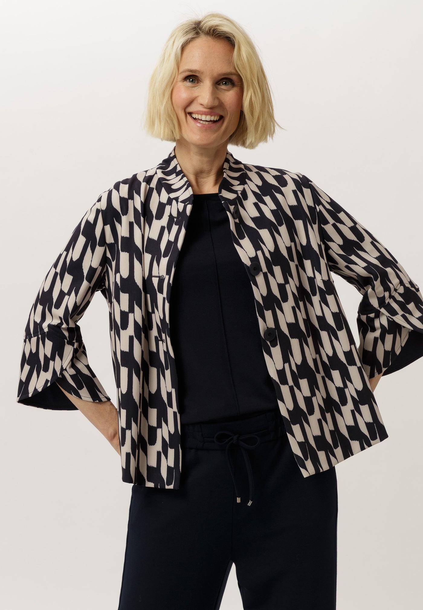Navy and Sand Button Up Jacket with Grandfather Collar