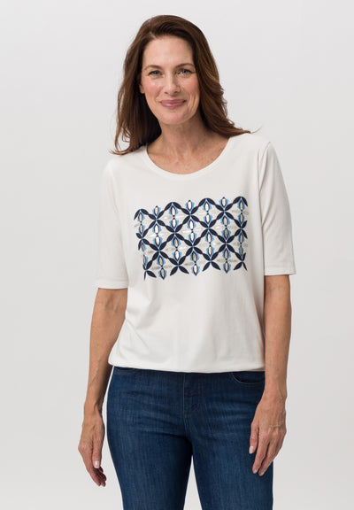 Cream T-Shirt with Floral Pattern and Round Neck