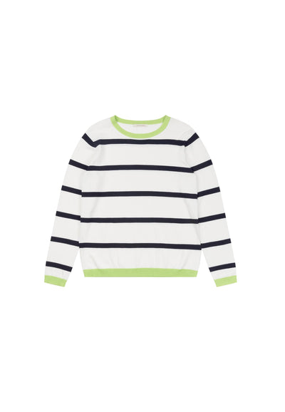 Black and White Striped Round Jumper with Lime Green Detail