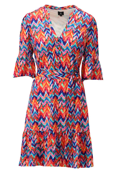 Multicoloured Zig-Zag Dress With Flounces & Belt