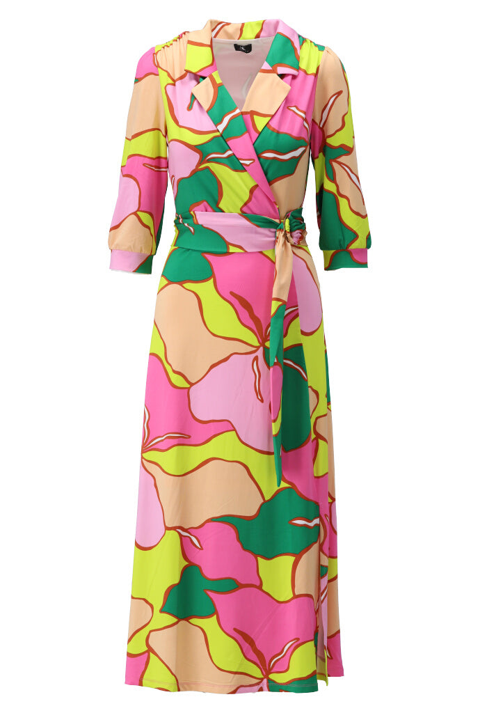 Pink & Green Dress With Collar & Crossover Detailing