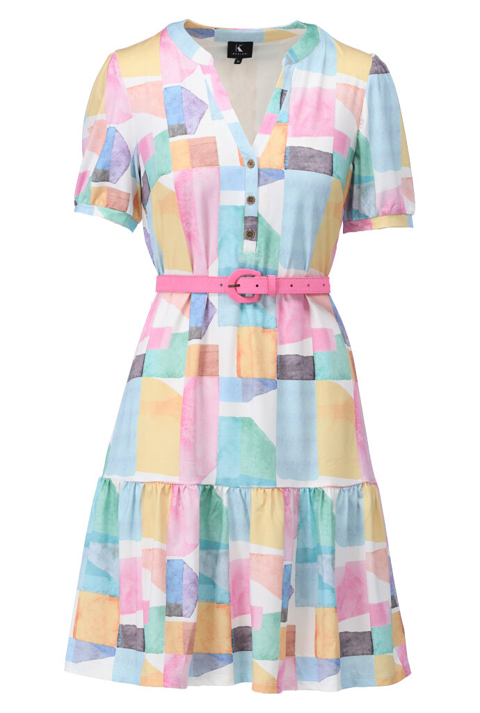 Multicoloured Square Print Dress With Buttons & Belt Detailing