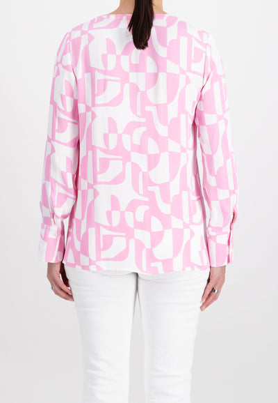 Pink & White Silk Feel Abstract Shirt with Hem Slit and V-Neck