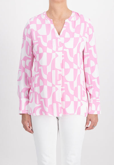 Pink & White Silk Feel Abstract Shirt with Hem Slit and V-Neck
