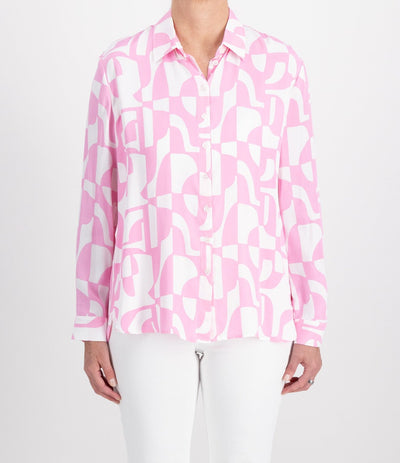 Pink & White Silk Feel Abstract Shirt with Hem Slit and Collar