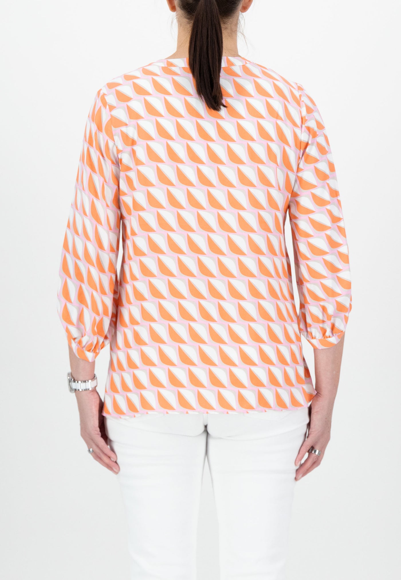 V Neck Orange/White Leaf Print Blouse With Pink Background