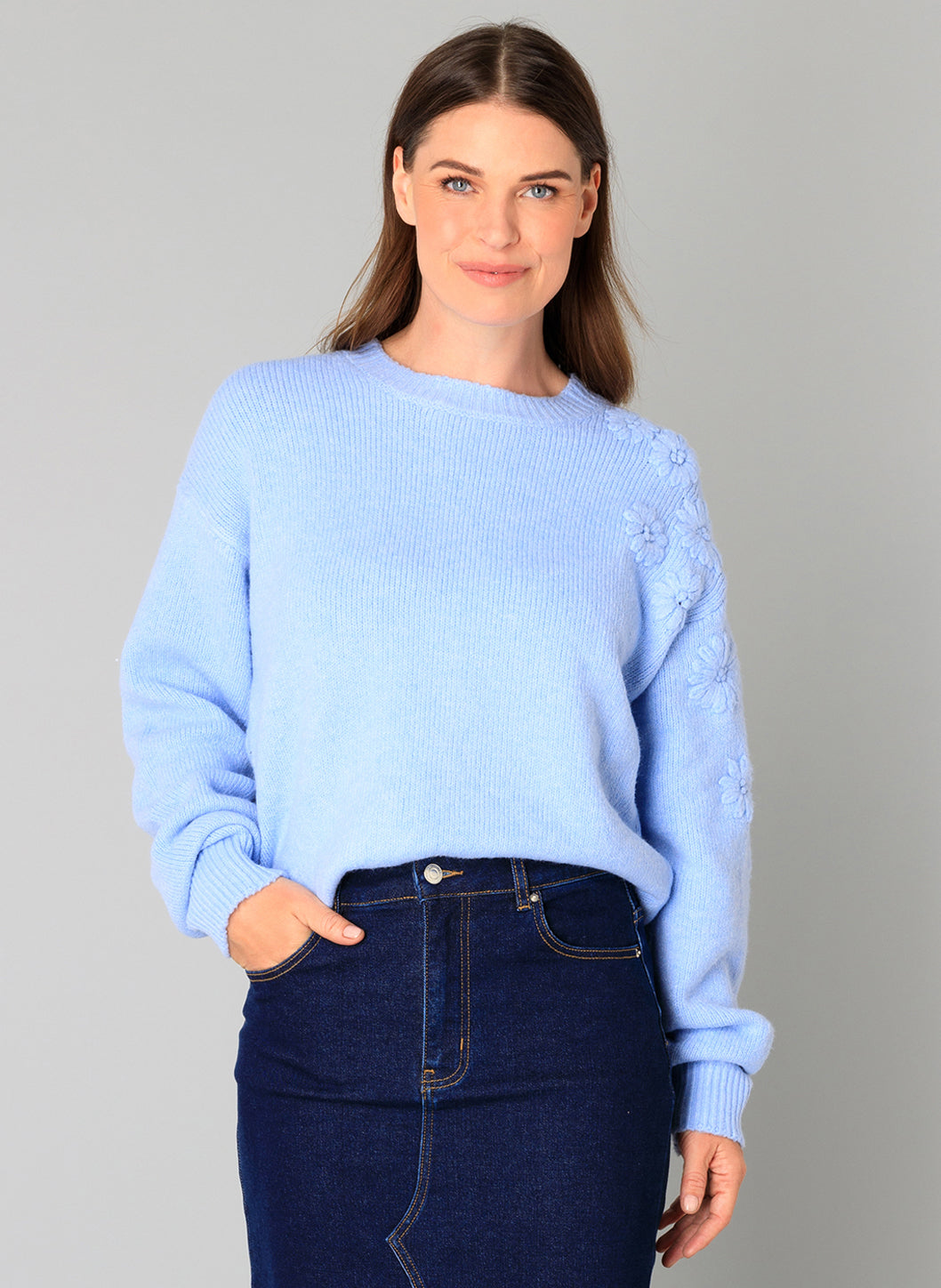 Soft Blue Jumper with Floral Detail