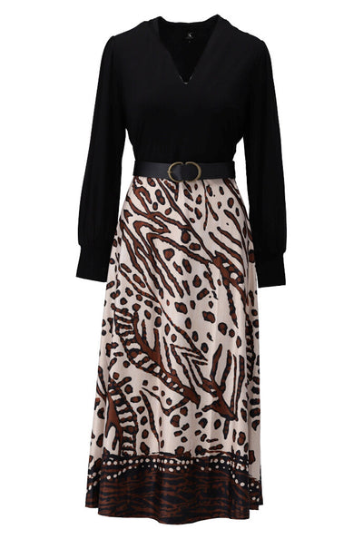 Black V-Neck Dress with Beige & Brown Skirt & Black Belt