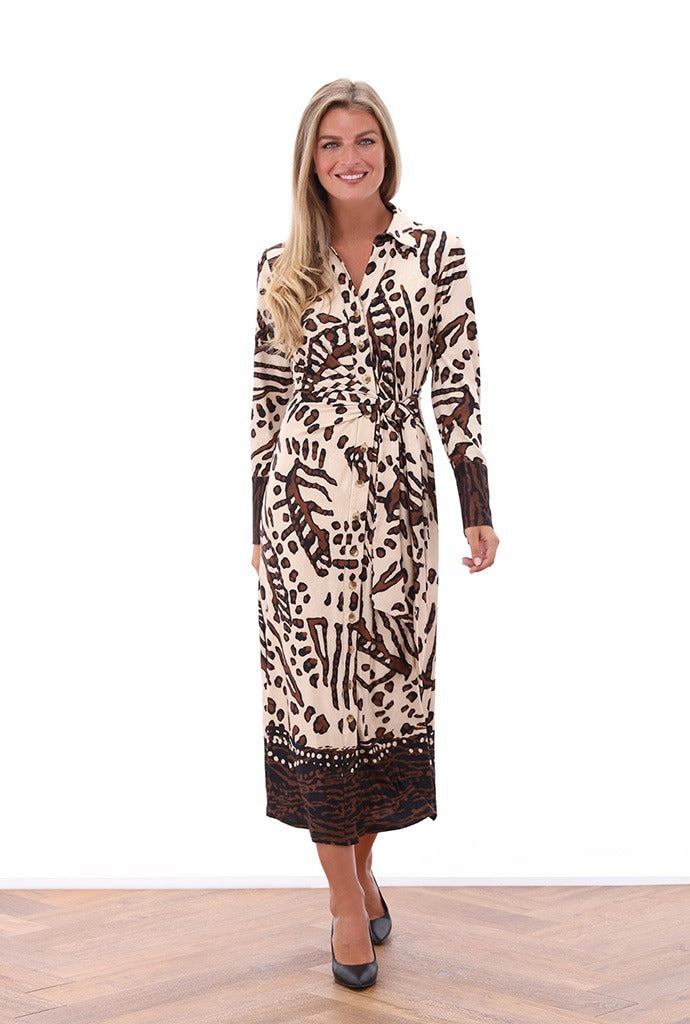 Beige & Brown Wrap Style Shirt Dress