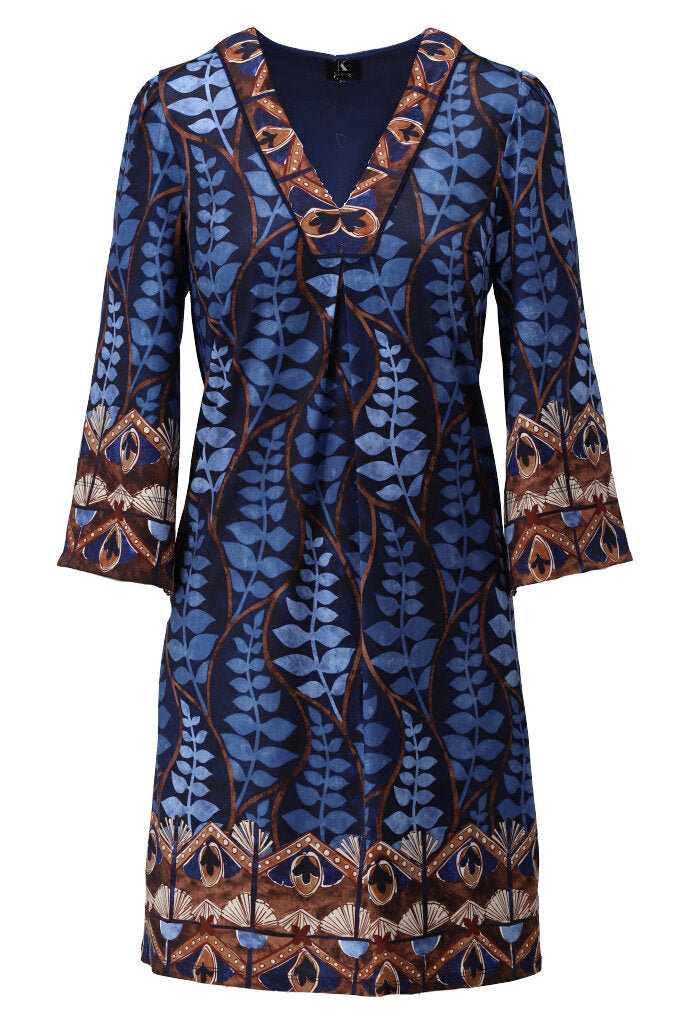 Blue & Brown V-Neck Dress with Leaf Print