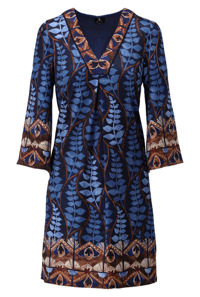 Blue & Brown V-Neck Dress with Leaf Print