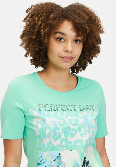Green 'Perfect Day' T-shirt with Blue Detailing