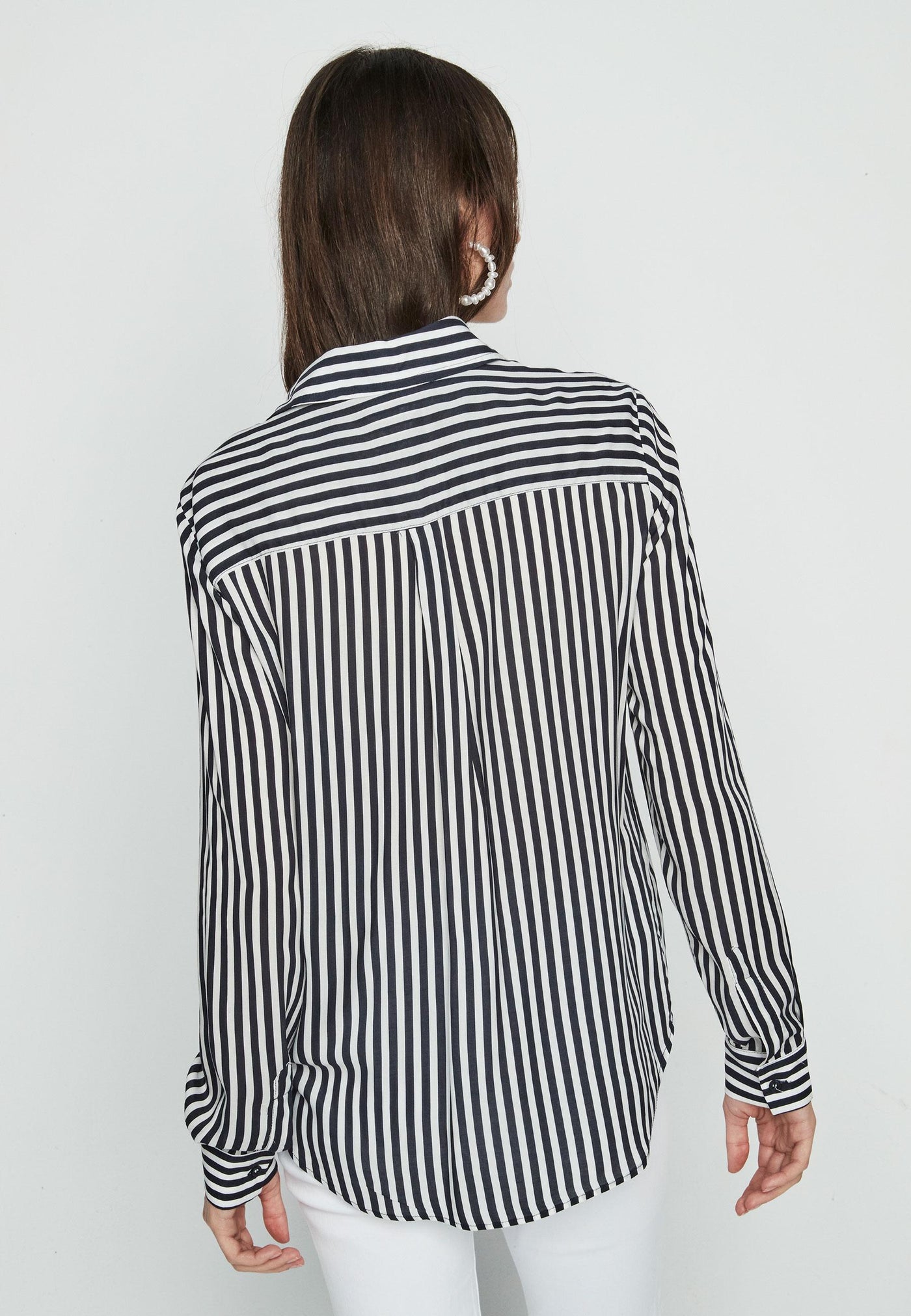 Navy & White Stripe Shirt With Pocket & Button Cuff Detail