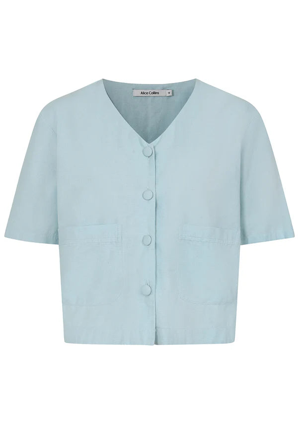Pastel Blue 'Rose' Plain Button Up Top