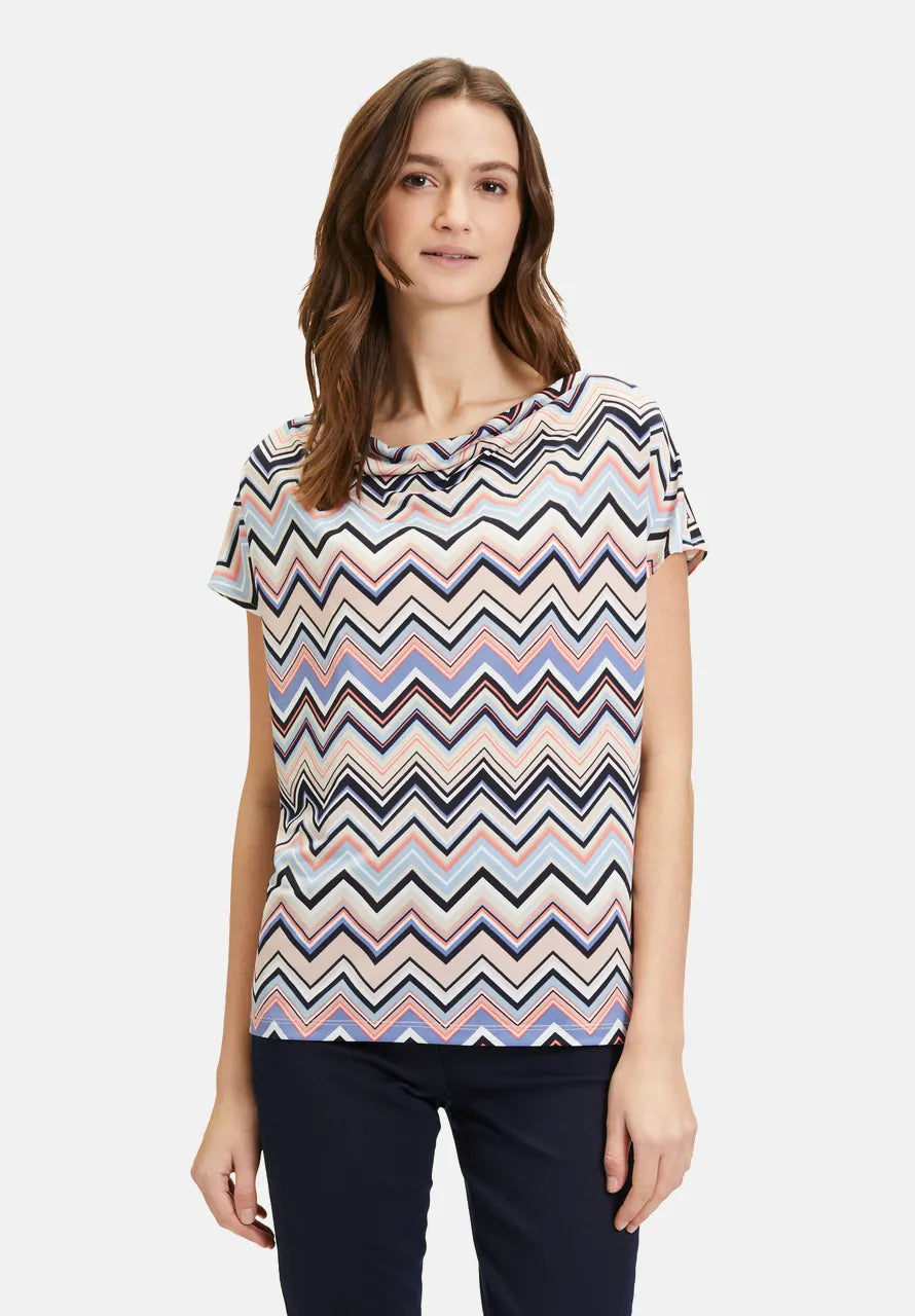 Pink and Navy Cowl Neck Top with Short Sleeves and ZigZag Pattern