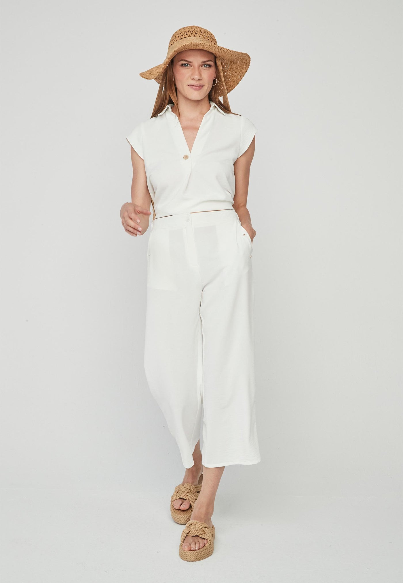 White V-Neck Top with Collar and Button Detail
