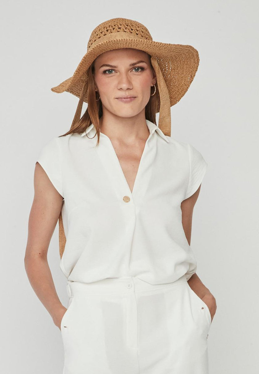 White V-Neck Top with Collar and Button Detail