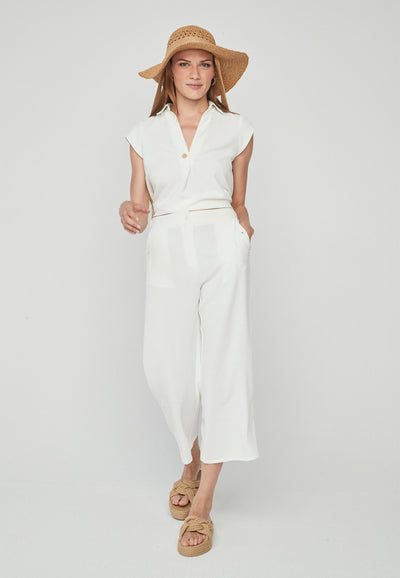White V-Neck Top with Collar and Button Detail
