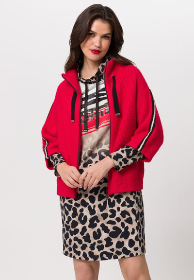 Red Knit Jacket with Black & Beige Stripe Detail on 3/4 Length Sleeves