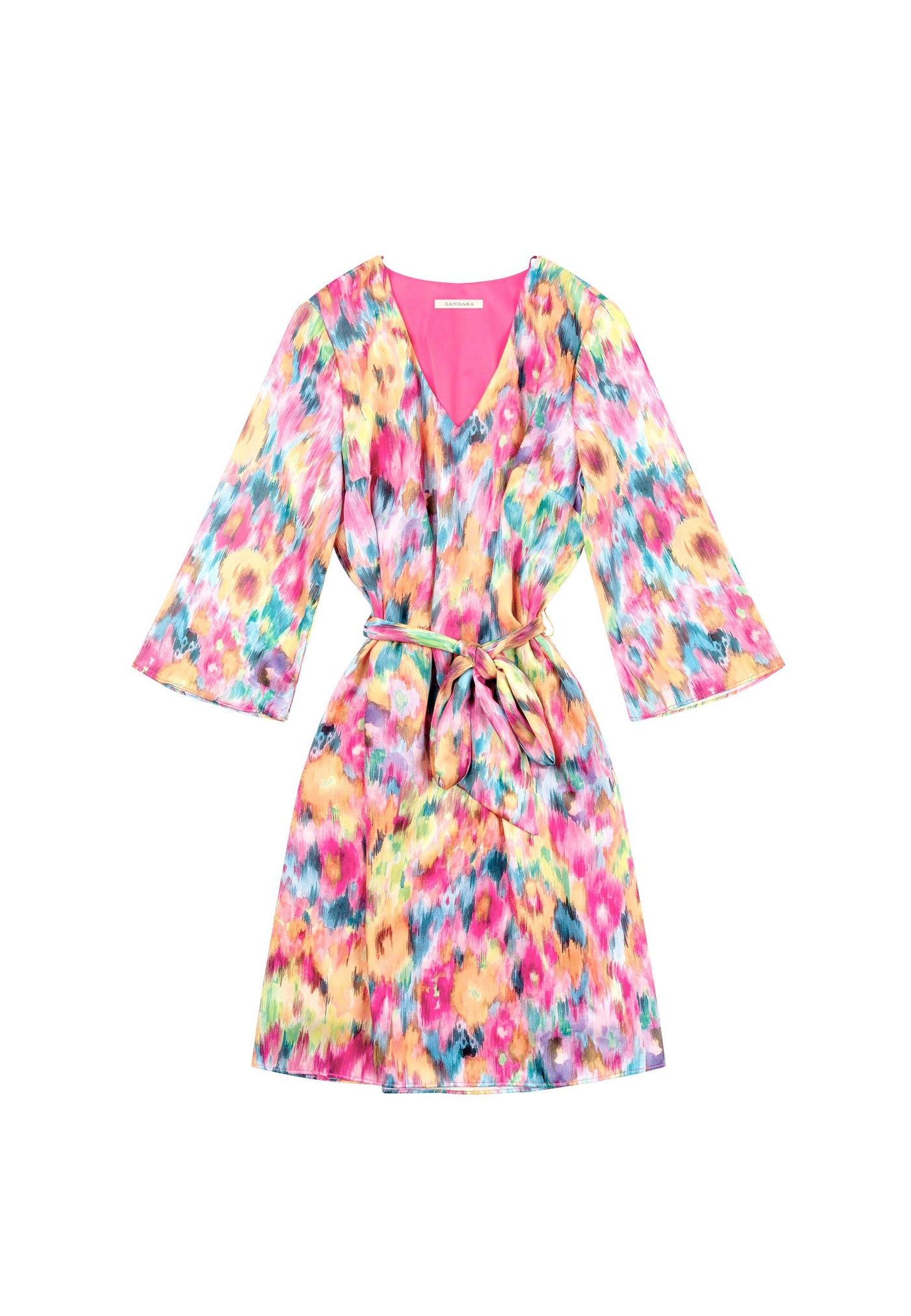 Abstract Print V-Neck Dress With Belt & 3/4 Sleeves