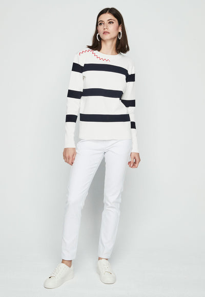 Navy and White Round Neck Striped Jumper with Red Zig-Zag Detail