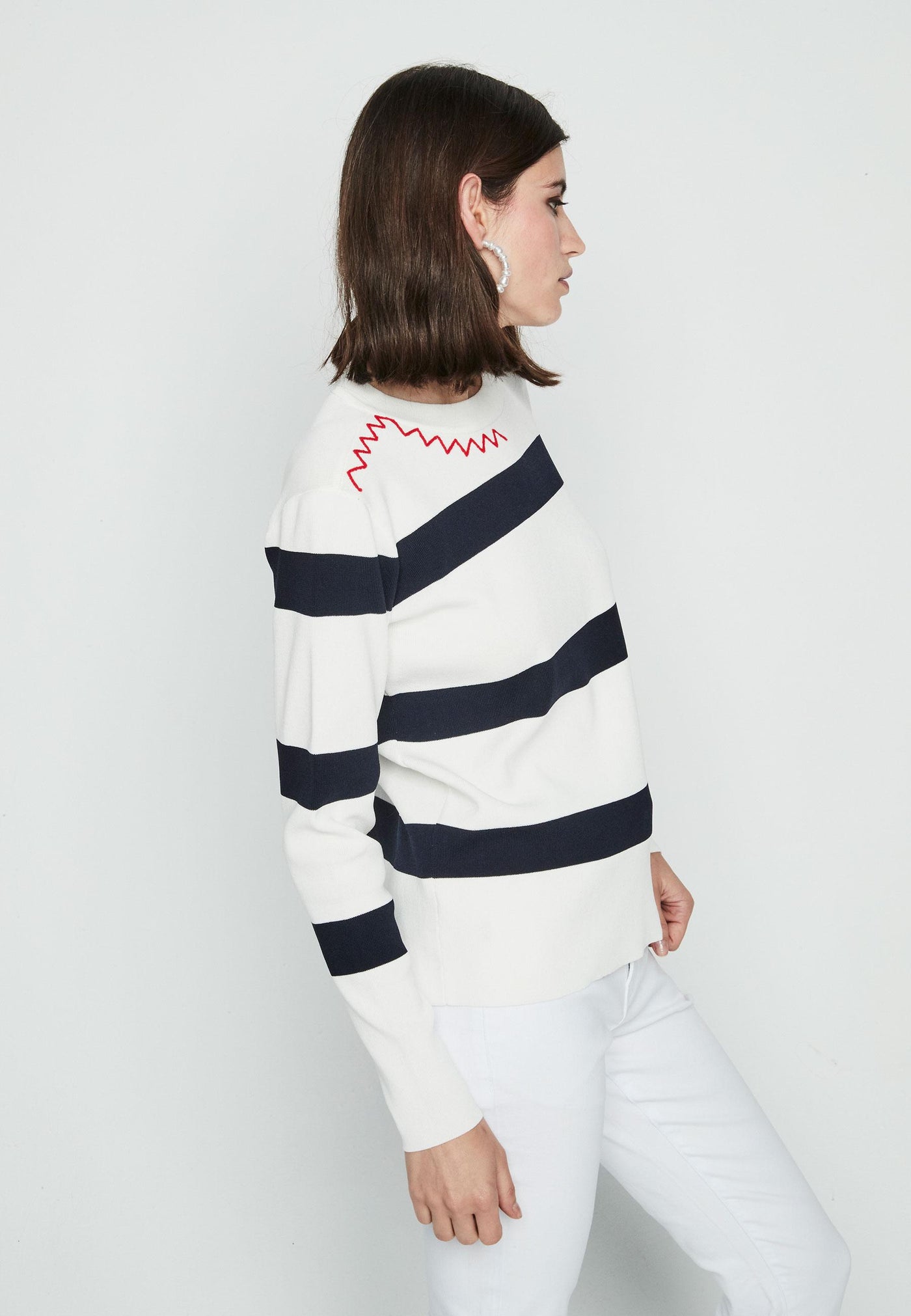 Navy and White Round Neck Striped Jumper with Red Zig-Zag Detail