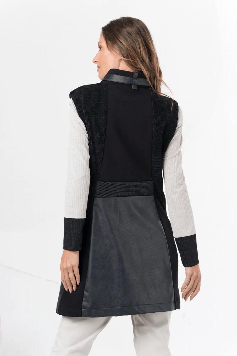 Black Leatherette Textured Gilet with Diamond Zip Detail