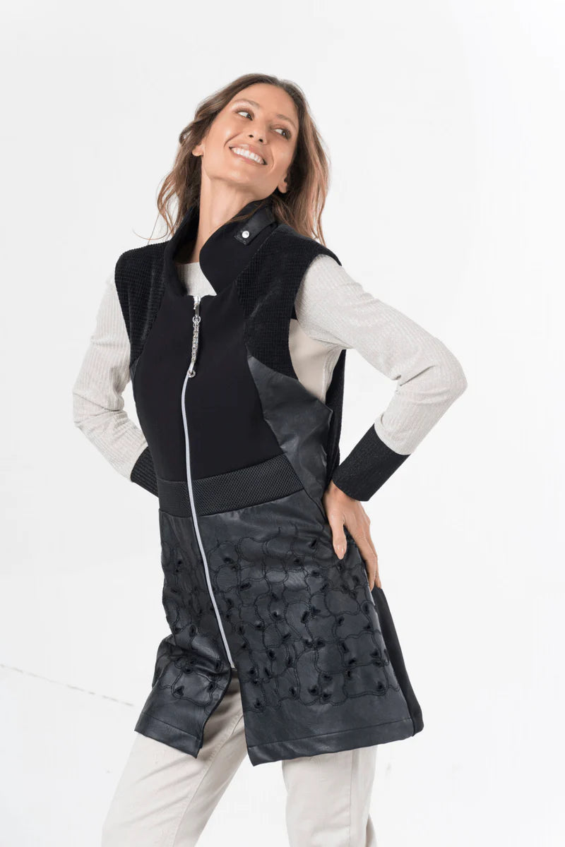 Black Leatherette Textured Gilet with Diamond Zip Detail