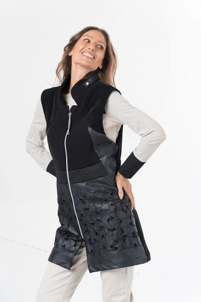 Black Leatherette Textured Gilet with Diamond Zip Detail
