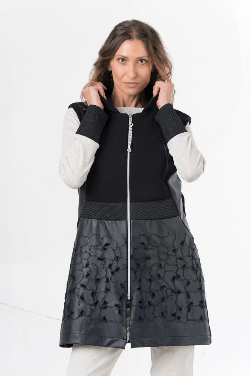 Black Leatherette Textured Gilet with Diamond Zip Detail