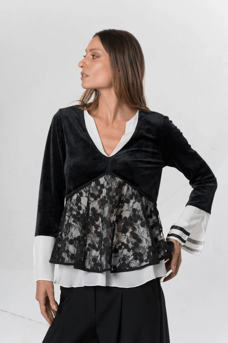 Black Suede Jumper with Lace Detail