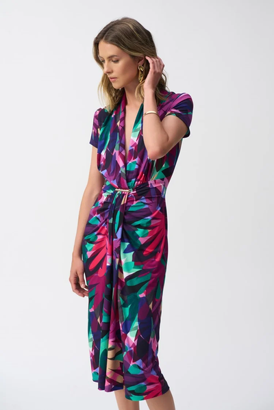 Joseph Ribkoff Multicoloured Silky Knit Tropical Print Wrap Dress