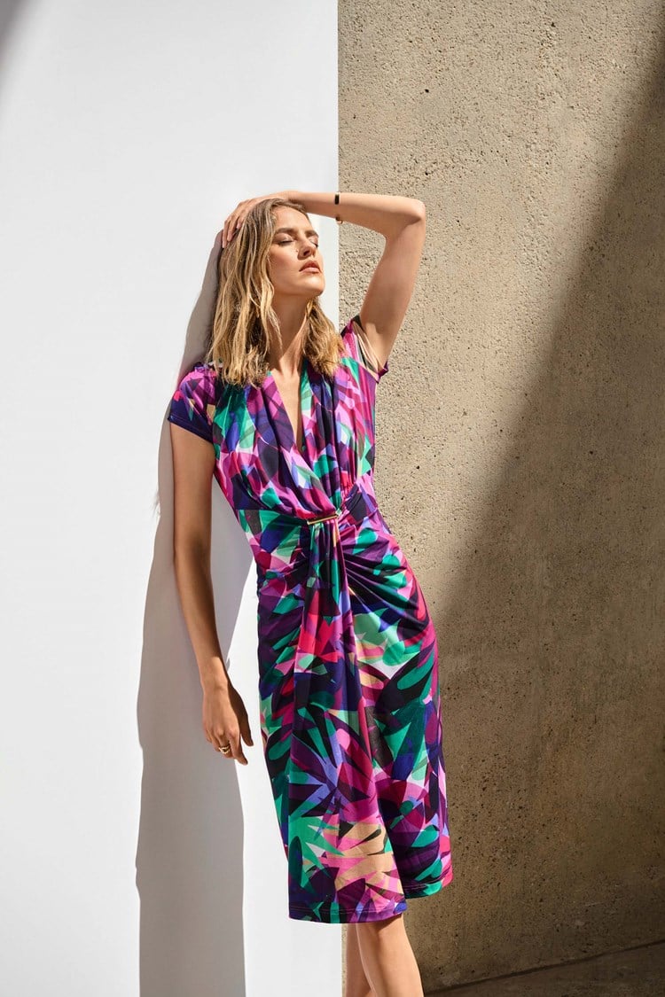 Joseph Ribkoff Multicoloured Silky Knit Tropical Print Wrap Dress