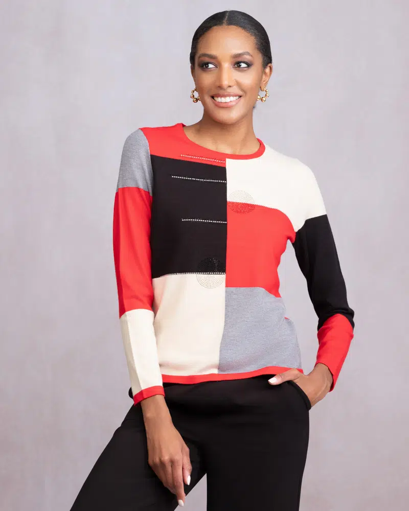Red Black and Tan Knit Jumper with Pearl Detail