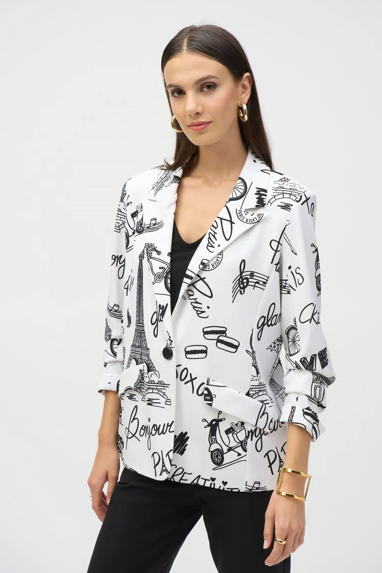 Joseph Ribkoff Vanilla and Black Abstract Print Single Breasted Blazer