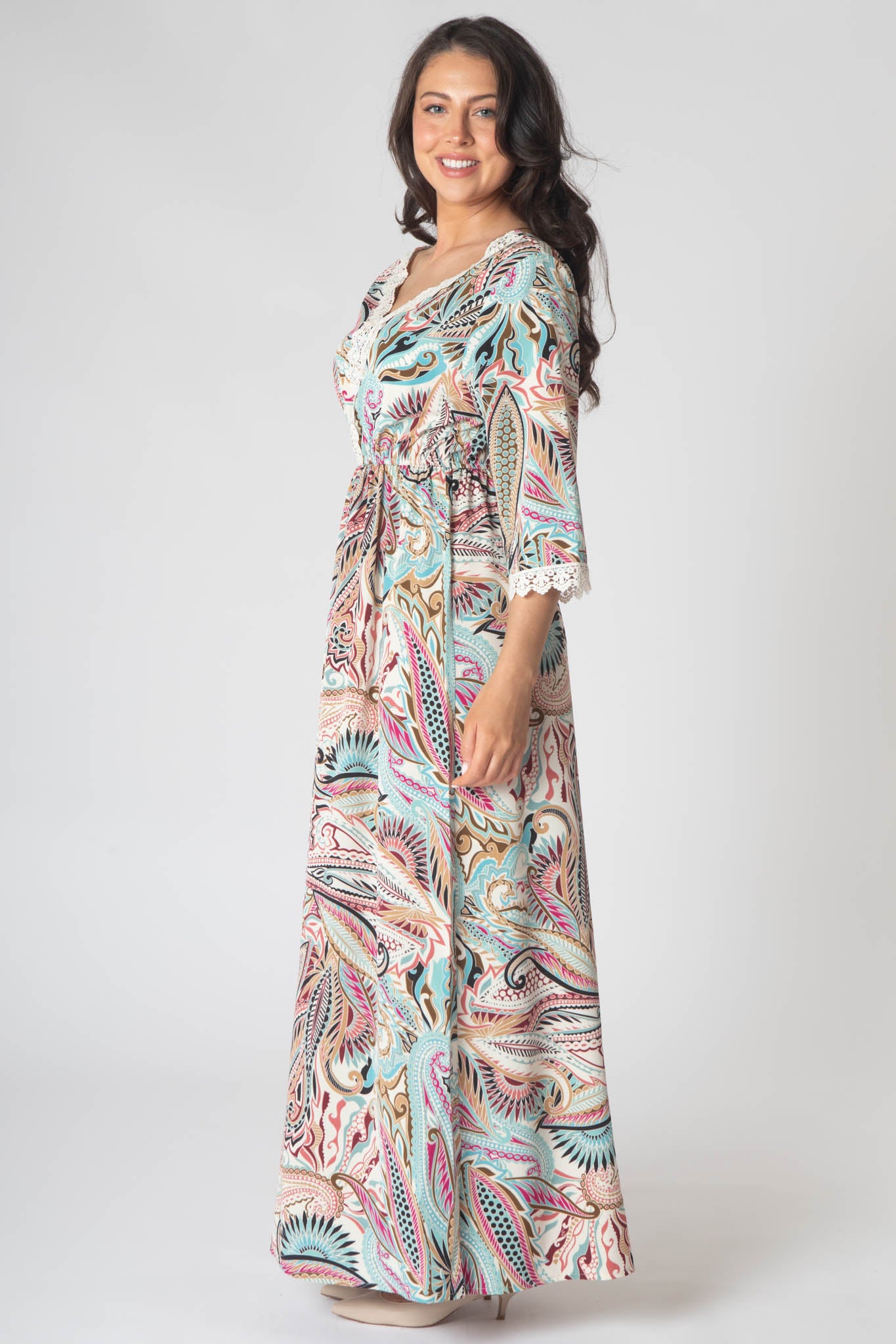 Fleur Maxi Dress With Lace V-Neck Detailing - Black & Mint