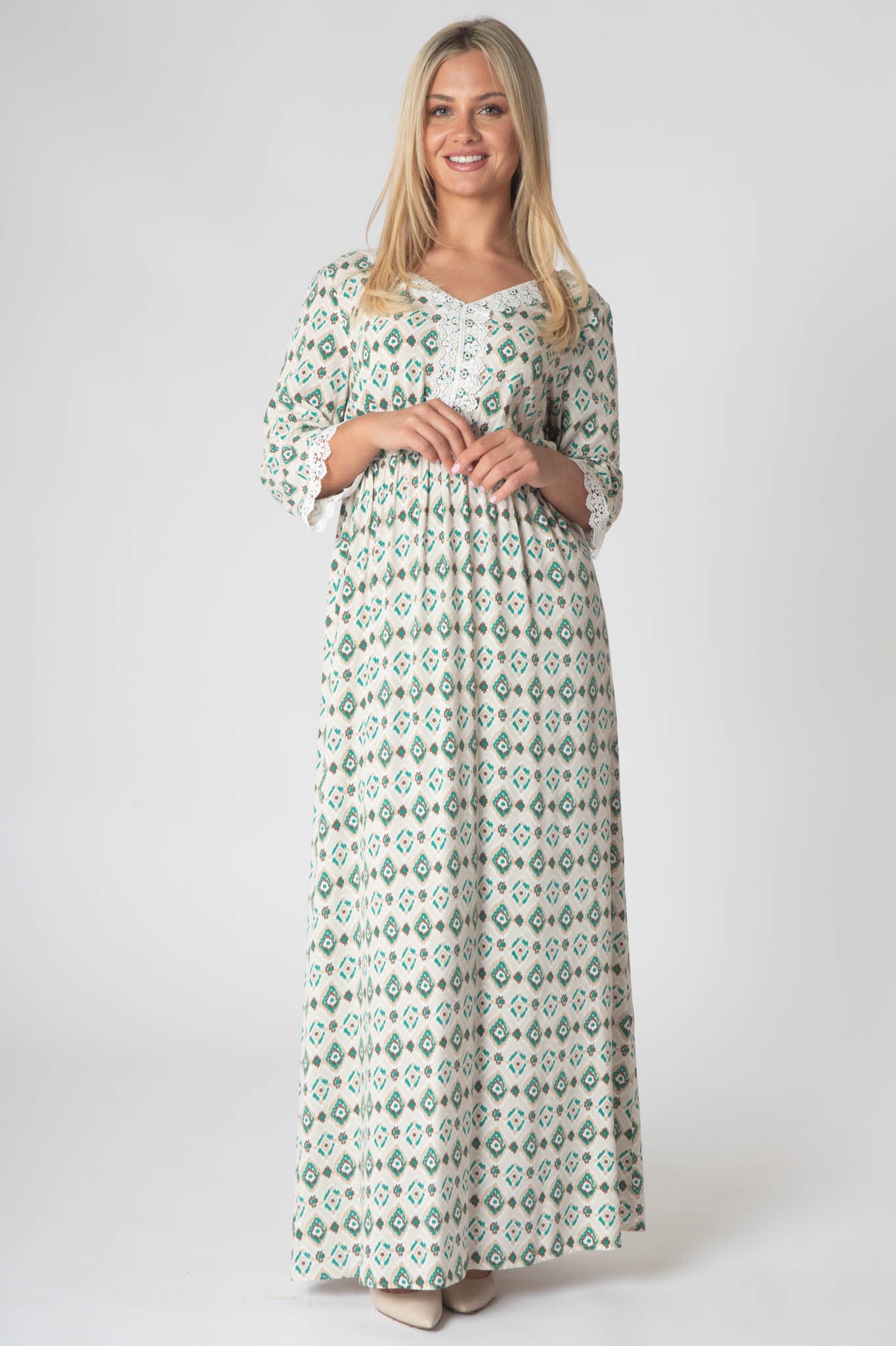 Fleur Maxi Dress With Lace V-Neck Detailing - Green & Brown