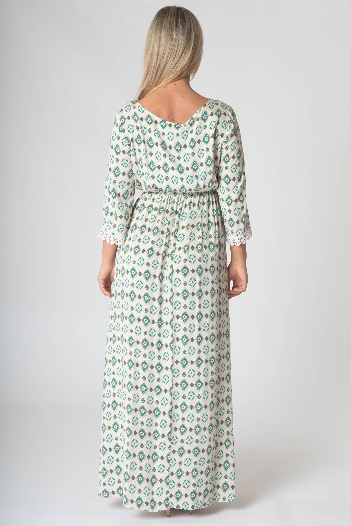 Fleur Maxi Dress With Lace V-Neck Detailing - Green & Brown