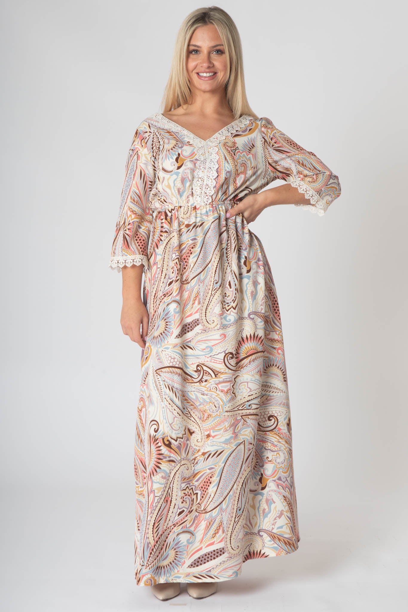 Fleur Maxi Dress With Lace V-Neck Detailing - Yellow
