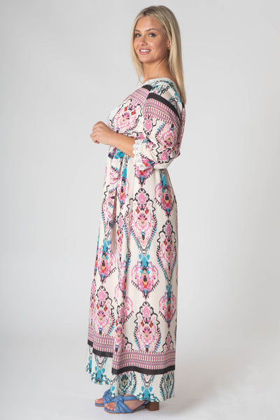 Fleur Maxi Dress With Lace V-Neck Detailing - Pink & Green
