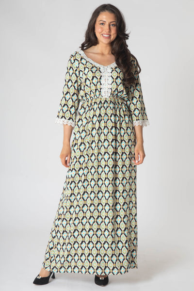 Fleur Maxi Dress With Lace V-Neck Detailing - Black & Green