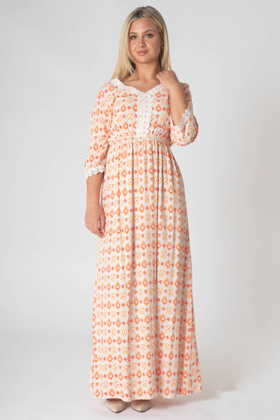 Fleur Maxi Dress With Lace V-Neck Detailing -  Orange