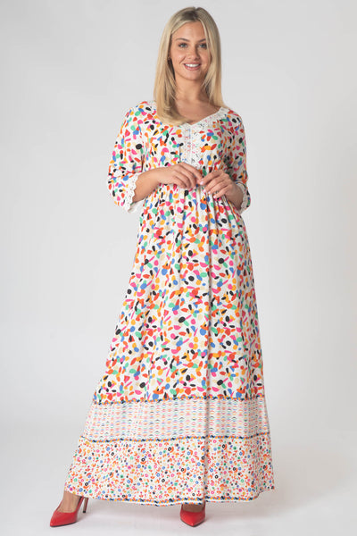 Fleur Maxi Dress With Lace V-Neck Detailing - Pink Dot