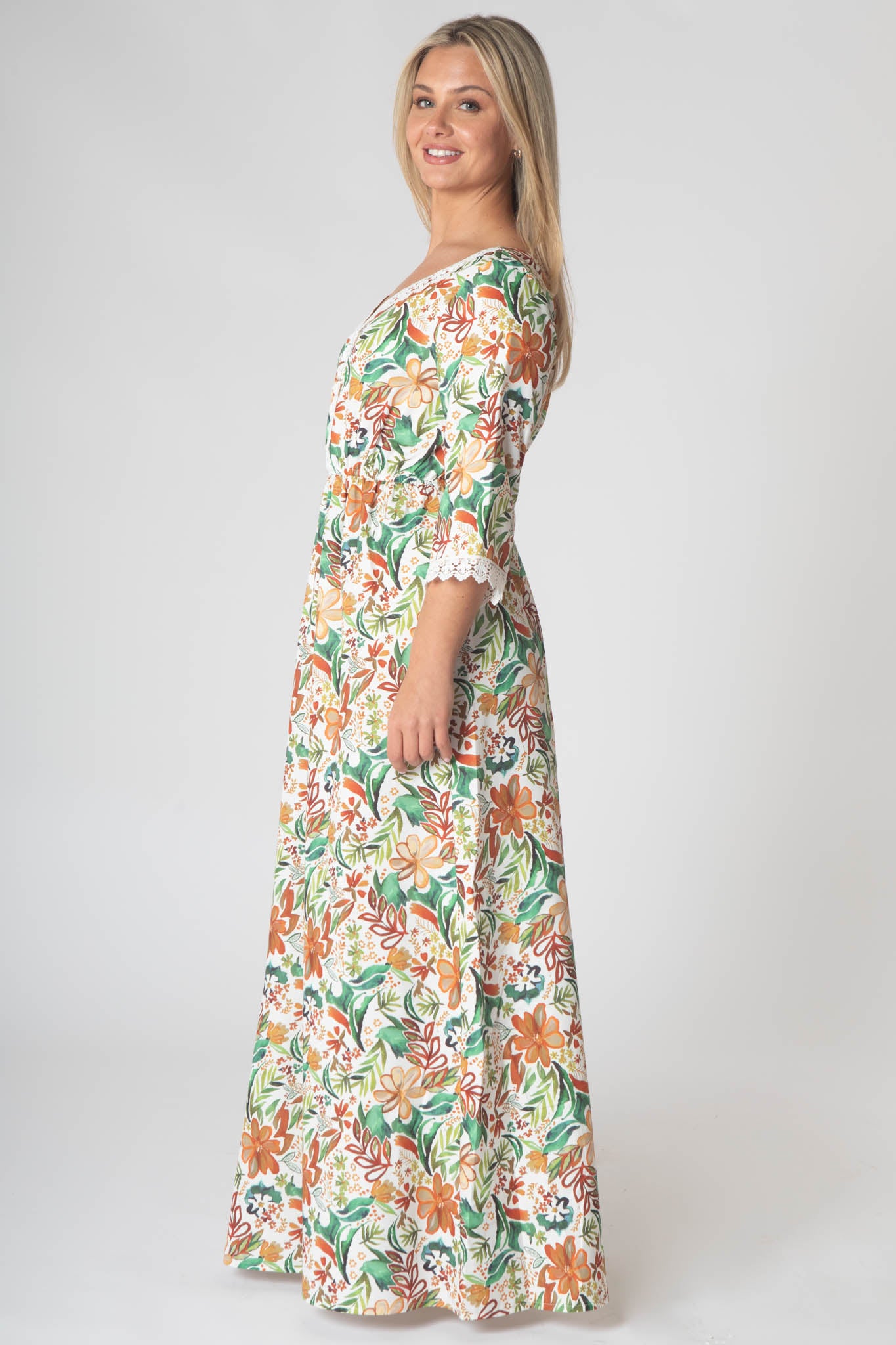 Fleur Maxi Dress With Lace V-Neck Detailing - Brown & Green