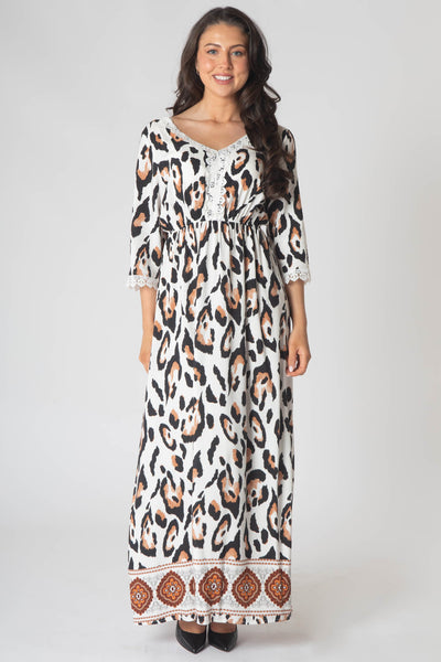 Fleur Maxi Dress With Lace V-Neck Detailing - Brown & White
