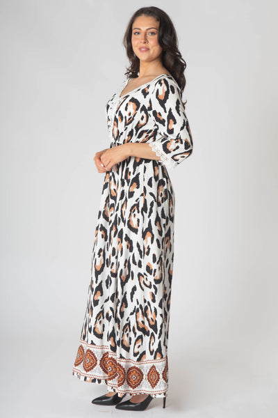 Fleur Maxi Dress With Lace V-Neck Detailing - Brown & White