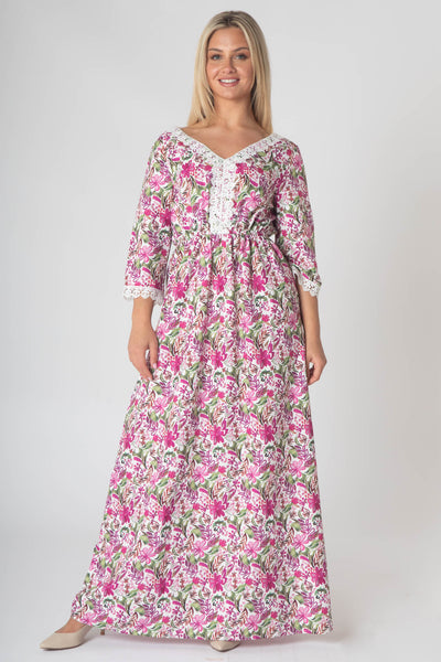 Fleur Maxi Dress With Lace V-Neck Detailing - Pink