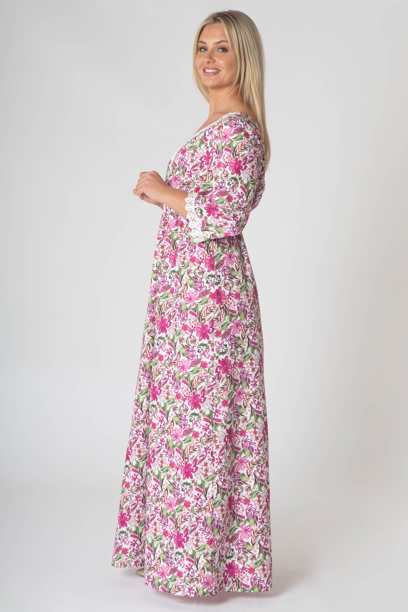 Fleur Maxi Dress With Lace V-Neck Detailing - Pink