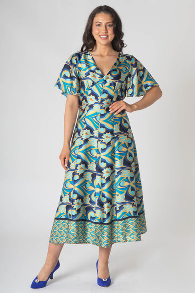 Caprice V-neck Dress with Empire Waist and Loose Half Sleeves - Blue & Yellow